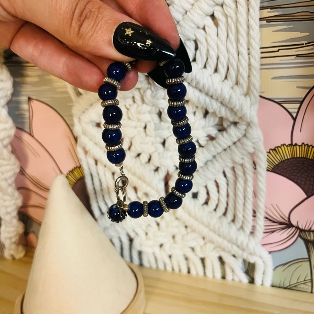 Vintage Navy Blue Beaded Bracelet Glass Silver Toned Metal Spacer‎ Beads